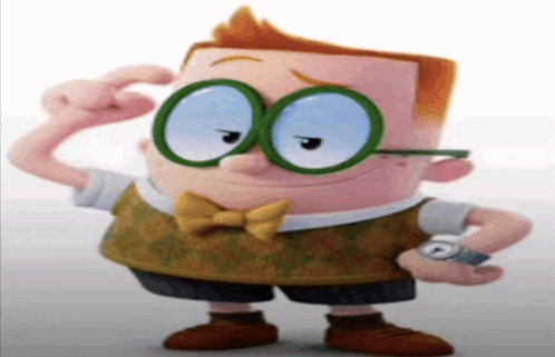 a cartoon character wearing glasses and a bow tie scratches his head .