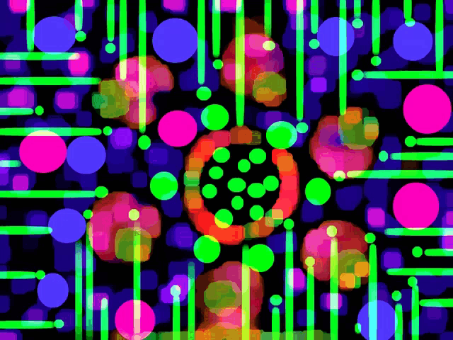 a colorful background with circles and lines on a black background