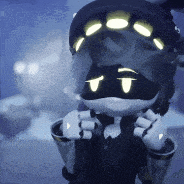 a cartoon character with glowing eyes is wearing a mask