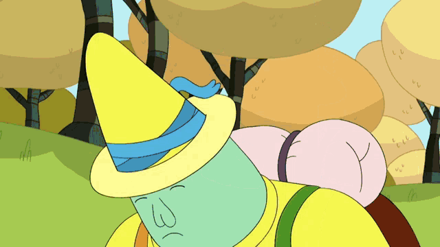 a cartoon character wearing a yellow hat with a blue scarf around his head