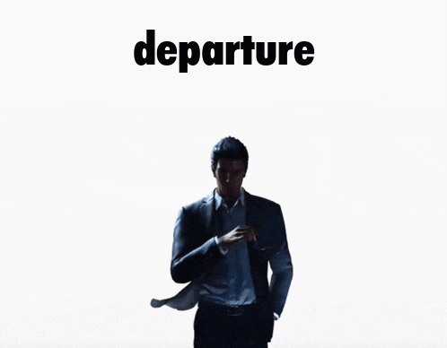 a man in a suit is standing in front of a white background that says departure
