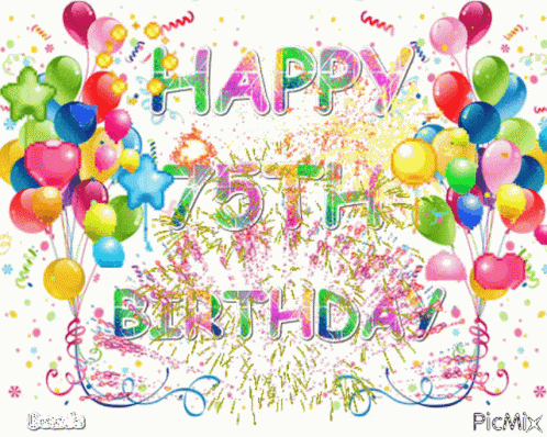 a 75th birthday card with balloons and fireworks