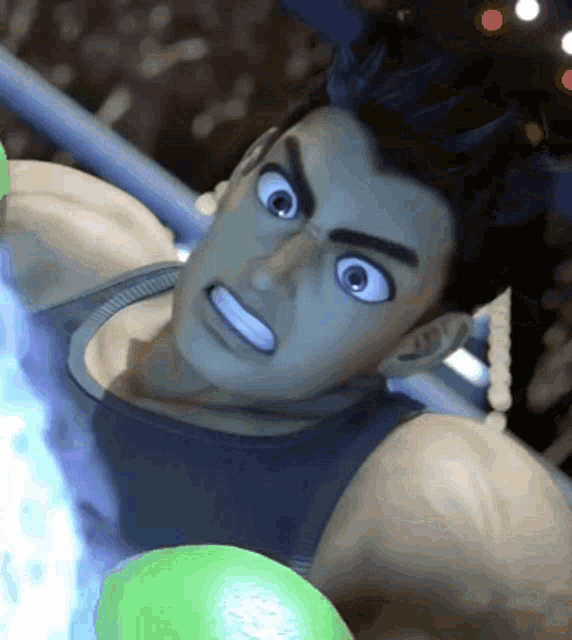 a close up of a cartoon character with green boxing gloves on