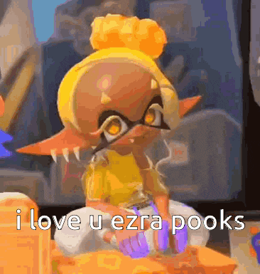 a cartoon character is sitting on a table with the words `` i love u ezra pooks '' .