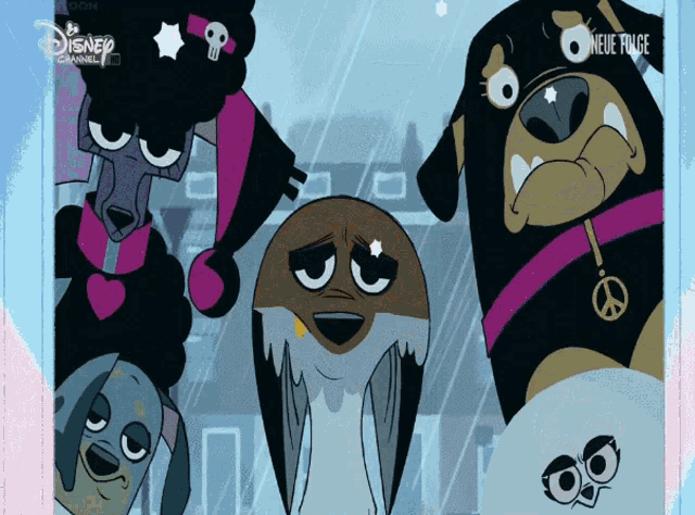 a group of cartoon characters are standing next to each other with disney channel written on the bottom