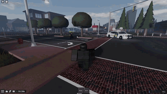 a screenshot of a video game showing a police car and a person with a gun