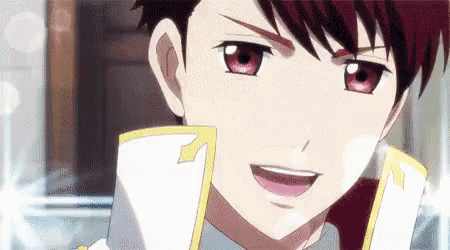 a close up of a anime character 's face with red eyes and a white collar .
