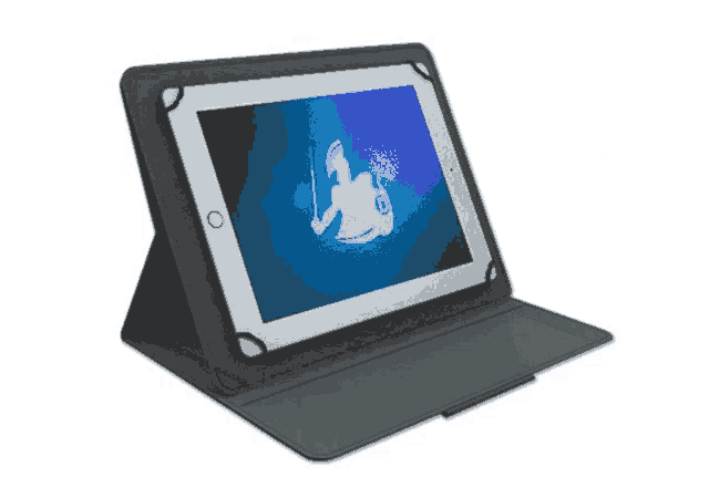 a tablet in a black case with a logo on it