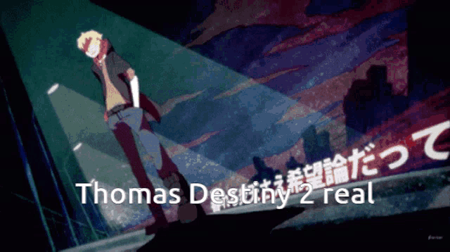 a thomas destiny 2 real poster with a man standing in front of it