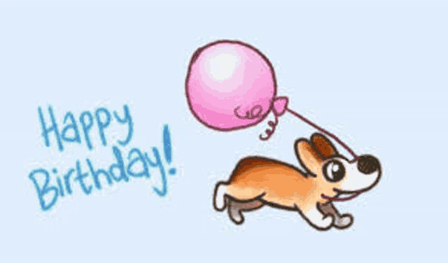 a cartoon of a dog holding a pink balloon with the words `` happy birthday '' written above it .