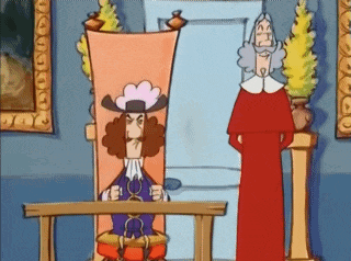 a cartoon of a man sitting in a chair and a man in a red robe standing behind him .