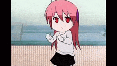 a little girl with long pink hair and red eyes is dancing in a room .