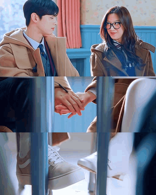 a man and a woman are holding hands in a collage