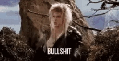 a woman in a wig is standing in front of a rock and says `` bullshit '' .
