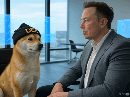 a dog wearing a dea hat sits next to a man