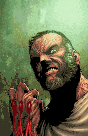 a pixelated drawing of a man with a beard holding bloody claws
