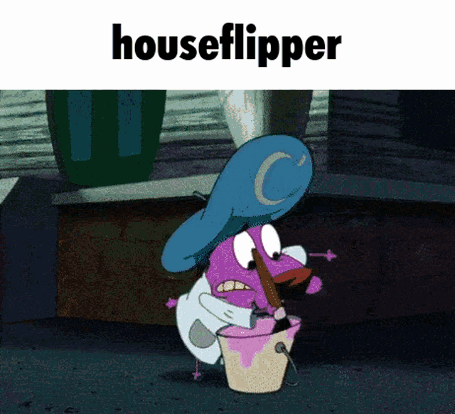 a cartoon of courage the cowardly dog holding a bucket of paint