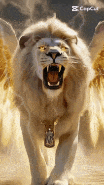 a painting of a lion with wings and a necklace that says ' capcut ' on the bottom