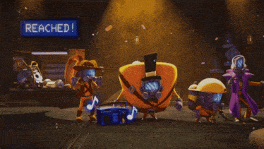 a sign that says ta reachei is above a group of cartoon characters