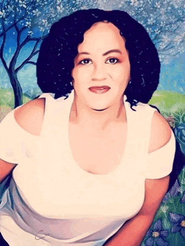 a woman in a white shirt is standing in front of a painting of trees and flowers .