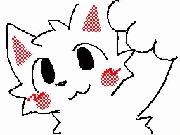 a drawing of a white cat with red ears and a red tongue .