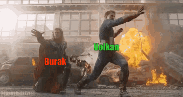 captain america and thor are kneeling down in front of a building with the words burak and volkan written on them