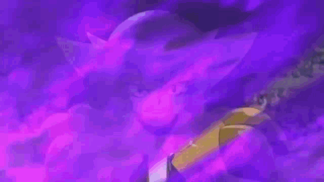 a cartoon character with blue hair and purple smoke coming out of her mouth .