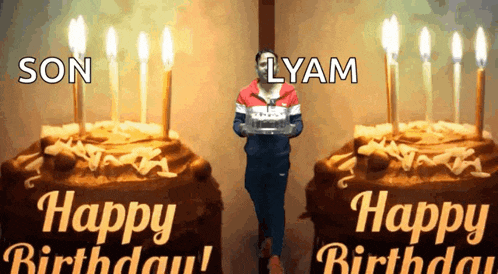 a man is holding a birthday cake in front of a cake that says happy birthday