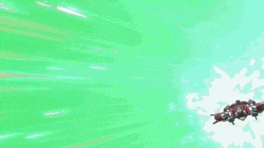 a red and white robot is flying through the air with a green background