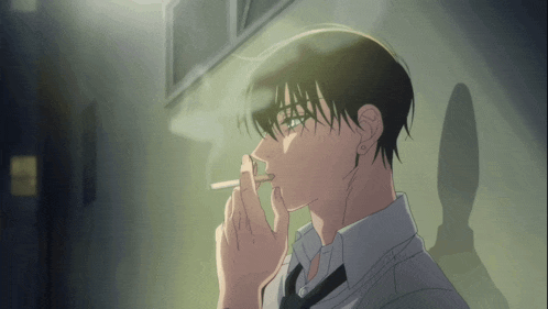 a man in a tie is smoking a cigarette in a dark room