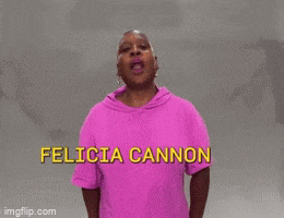 a woman in a pink shirt says felicia cannon in yellow letters