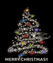 a merry christmas greeting card with a christmas tree and stars