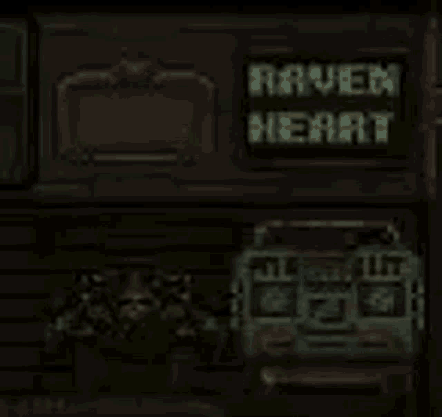 a video game scene of a building with a sign that says `` raven heart '' .