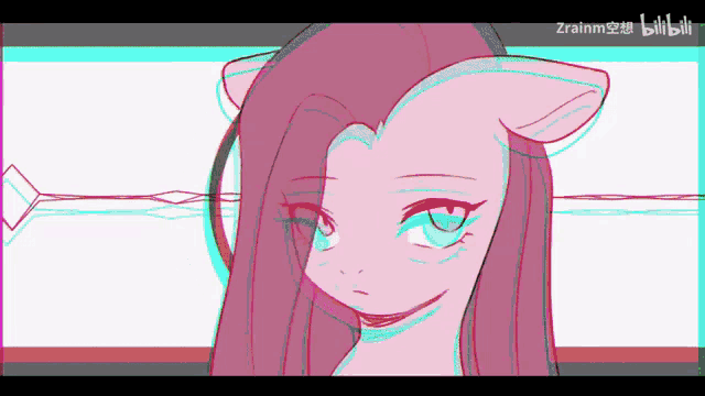 a drawing of a pink pony with blue eyes and the word bilibili at the bottom
