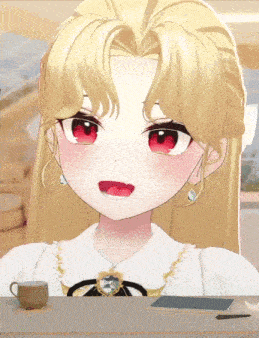 a cartoon girl with blonde hair and red eyes