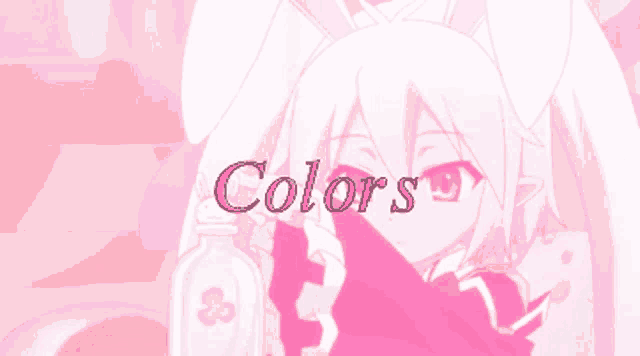 a pink and white anime character with the words colors written below her