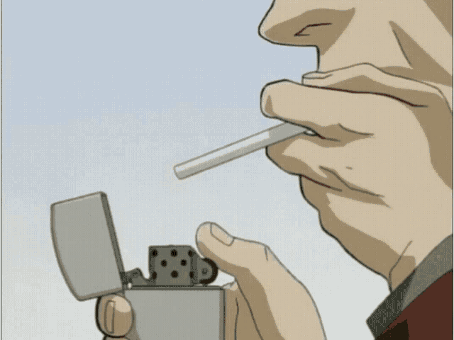 a man is lighting a cigarette with a lighter