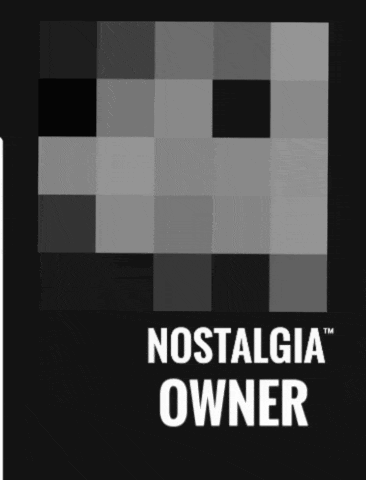 a black and white image of a pixelated face with the words nostalgia owner below it