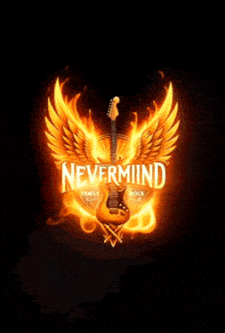 a nevermind logo with a guitar and flames around it