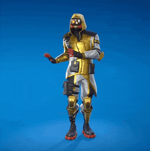 a man in a gold and silver outfit with a backpack on his back is standing on a blue background