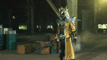 a superhero with a sword is standing in a dark room with boxes and barrels