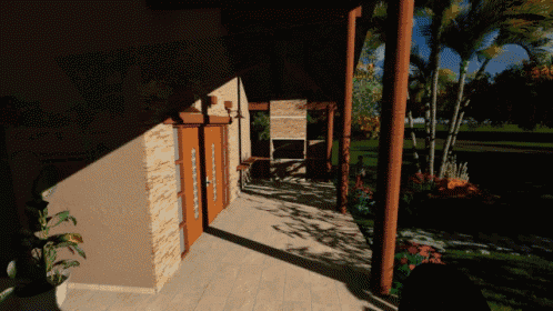 a computer generated image of a porch with a fireplace