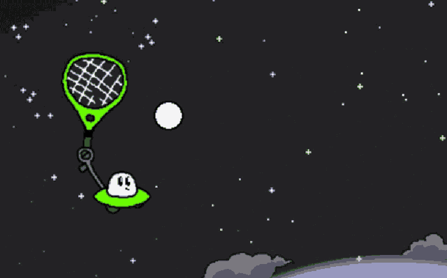 a cartoon drawing of a flying saucer with an angry face and a comet with the letter n on it