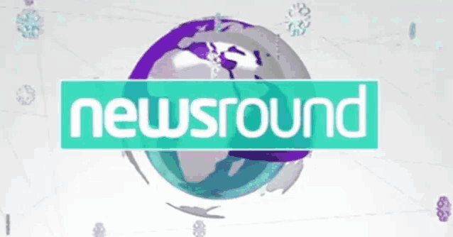 a newsround logo with a globe and snowflakes in the background