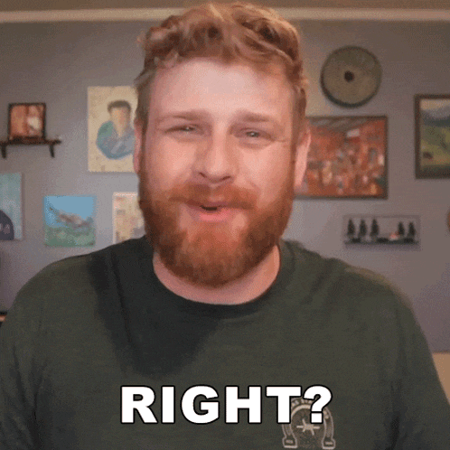 a man with a beard is wearing a green shirt with the word right on it
