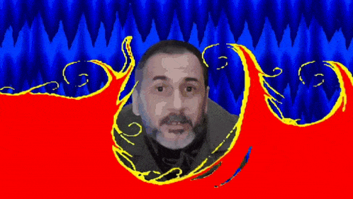 a man with a beard is surrounded by red and blue