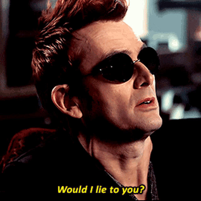 a man wearing sunglasses says " would i lie to you ? "