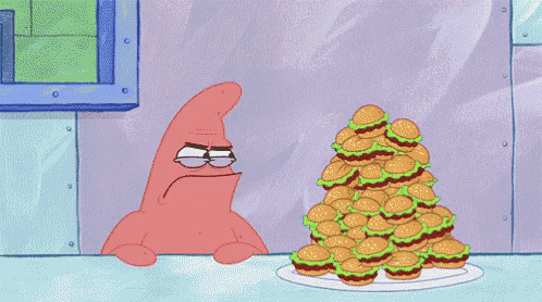 patrick star from spongebob squarepants is looking at a pile of hamburgers