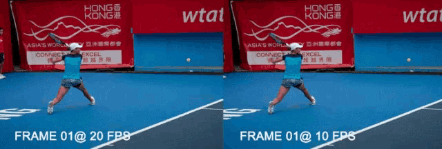 two pictures of a tennis player on a court with hong kong advertisements in the background