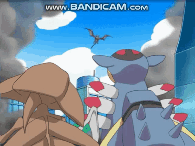 a cartoon shows a dragon flying over a city and the website www.bandicam.com is displayed